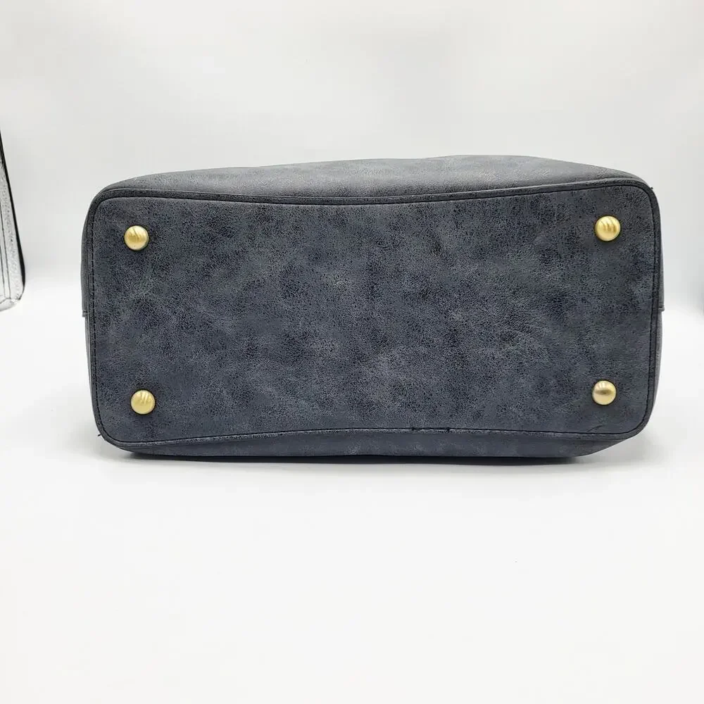 Joy Susan Angie Satchel Bag Carved Wooden Handles Black Vegan Leather Top Handle